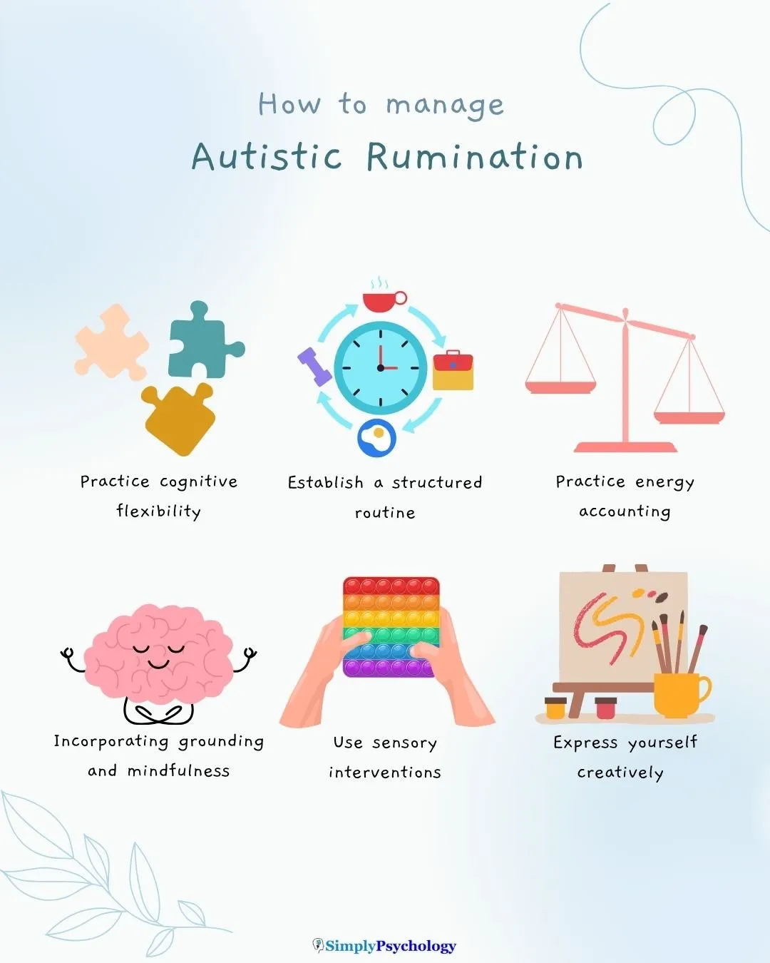 Инфографика под названием "Как управлять аутичной руминацией" с 6 советами вместе с соответствующими изображениями, такими как практика когнитивной гибкости, установление рутины и использование сенсорных интервенций.