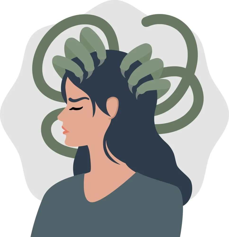 Иллюстрация головы женщины с зелеными щупальцами, представляющими негативные мысли, сжимающие ее голову.