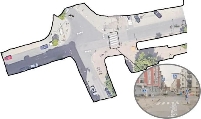 Рис. 1: Схема перекрестка Бисмаркштрассе и Шлоссштрассе с обозначением зебры и зоны движения велосипедиста.