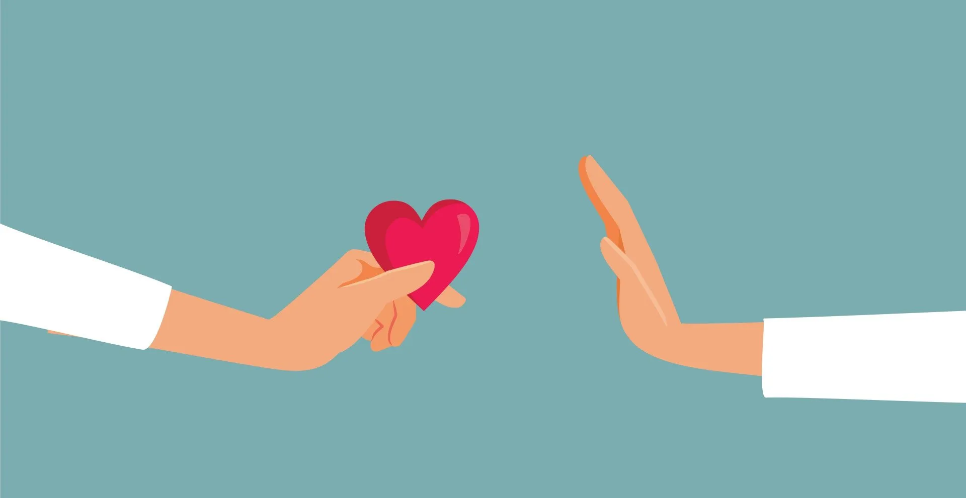 Иллюстрация руки, протягивающей сердце, и другой руки, протянутой ладонью вверх, чтобы отвергнуть его.