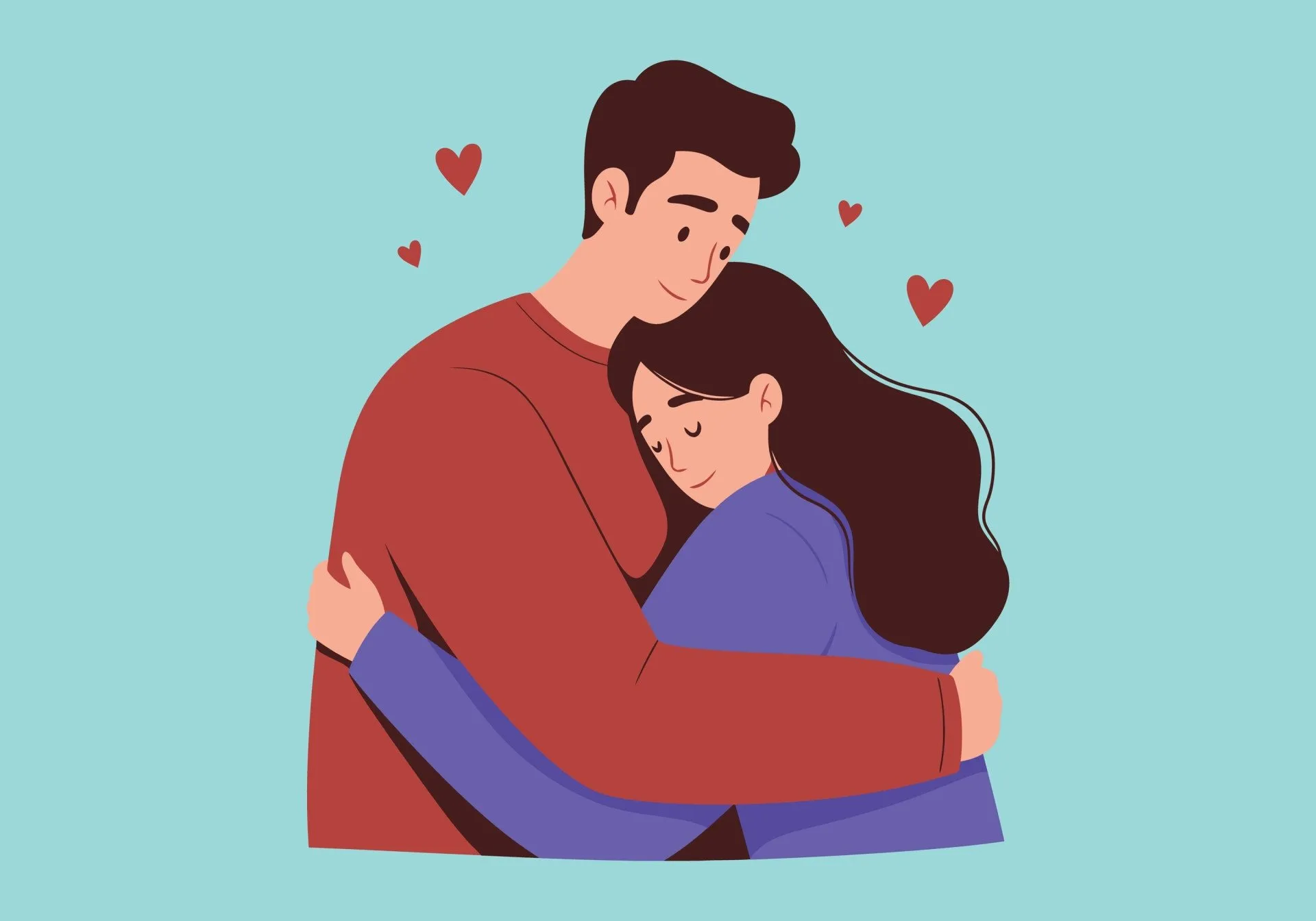Мужчина и женщина обнимаются, счастливые, с сердечками вокруг них.