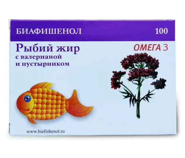 Рыбий жир Биафишенол с валерианой и пустырником — 100 капсул, 300 мг
