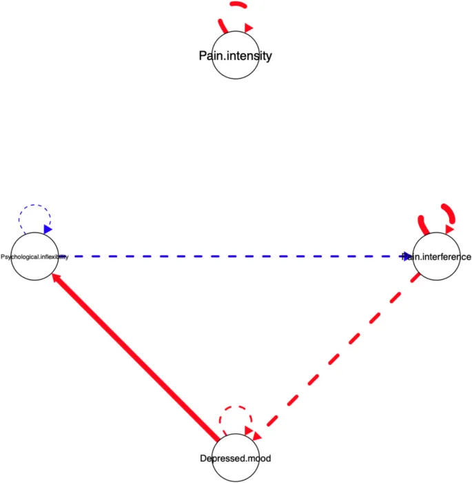 Рисунок 3: Сеть индивидуального уровня, оцененная с использованием структуры Group Iterative Multiple Model Estimation (GIMME) для Участника 2. Примечание. Сплошные линии представляют одновременные взаимосвязи между переменными. Пунктирные линии представляют запаздывающие эффекты между переменными. Авторегрессионные эффекты (самопетли) отражают стабильность каждой переменной во времени. Толщина ребер отражает силу ассоциаций.