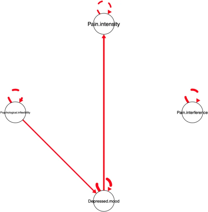 Рисунок 2: Сеть индивидуального уровня, оцененная с использованием структуры Group Iterative Multiple Model Estimation (GIMME) для Участника 1. Примечание. Сплошные линии представляют одновременные взаимосвязи между переменными. Авторегрессионные эффекты (самопетли) отражают стабильность каждой переменной во времени. Толщина ребер отражает силу ассоциаций.