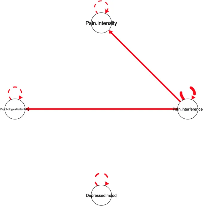 Рисунок 7: Сеть индивидуального уровня, оцененная с использованием структуры Group Iterative Multiple Model Estimation (GIMME) для Участника 6. Примечание. Сплошные линии представляют одновременные взаимосвязи между переменными. Авторегрессионные эффекты (самопетли) отражают стабильность каждой переменной во времени. Толщина ребер отражает силу ассоциаций.