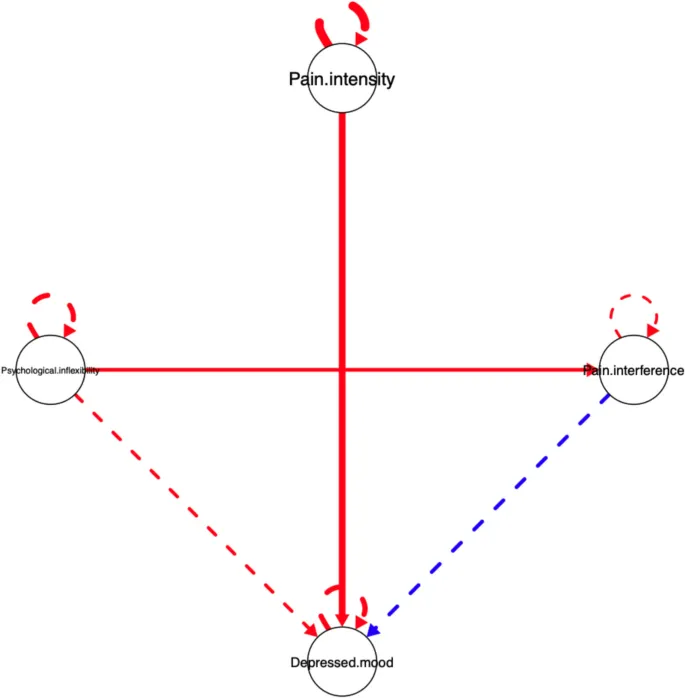 Рисунок 4: Сеть индивидуального уровня, оцененная с использованием структуры Group Iterative Multiple Model Estimation (GIMME) для Участника 3. Примечание. Сплошные линии представляют одновременные взаимосвязи между переменными. Пунктирные линии представляют запаздывающие эффекты между переменными. Авторегрессионные эффекты (самопетли) отражают стабильность каждой переменной во времени. Толщина ребер отражает силу ассоциаций.