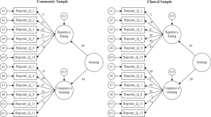 Рисунок 1. Факторные нагрузки вторичной модели для выборки из общей популяции и клинической выборки