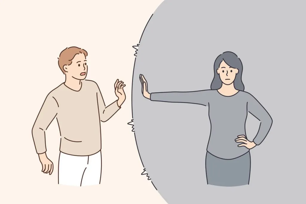 Концепция защиты личных границ и свободы. Молодая женщина стоит в капсуле, защищая свои личные границы от мужчины, векторная иллюстрация