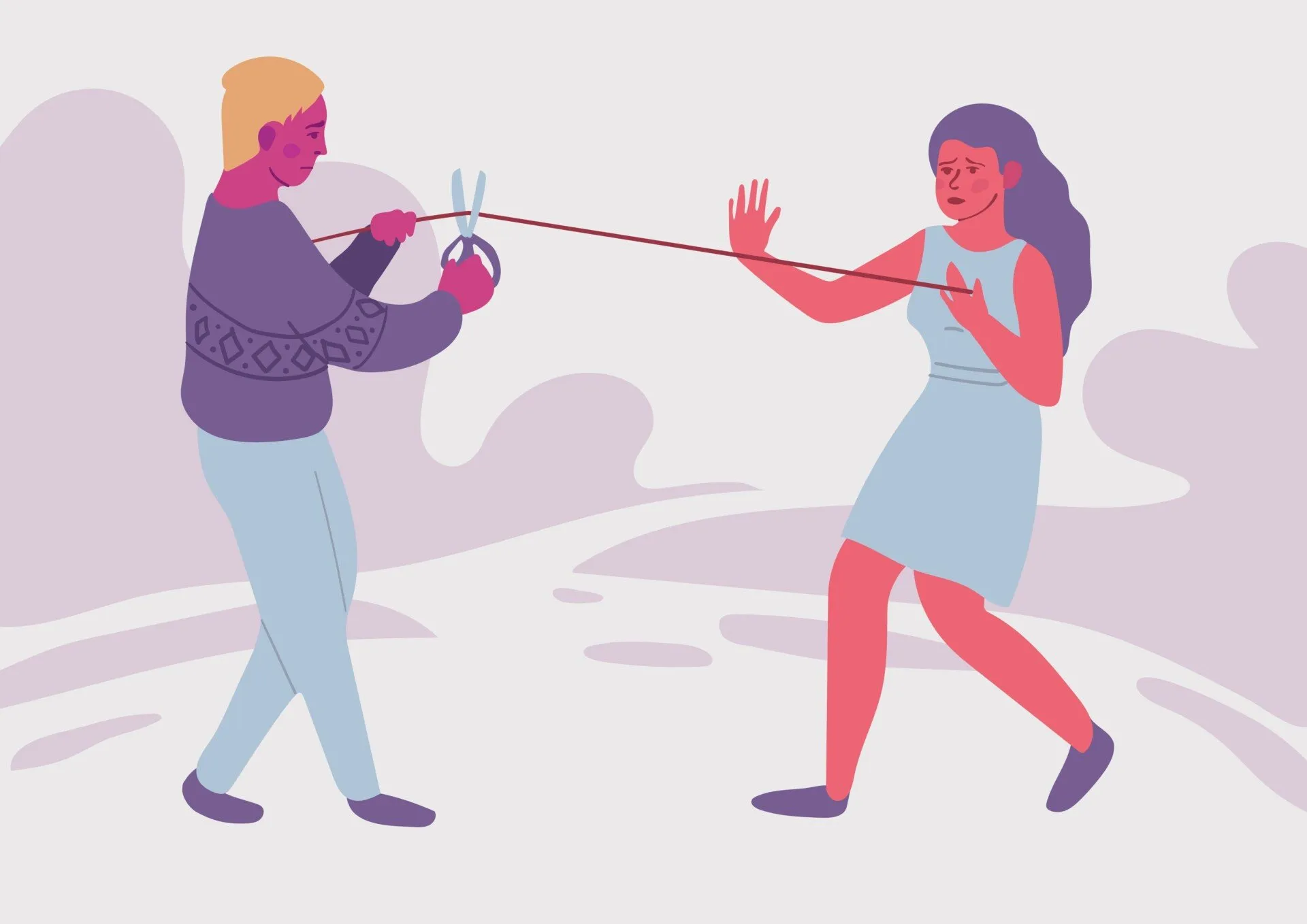 Мужчина и женщина, связанные нитью. Мужчина собирается перерезать нить ножницами, а женщина поднимает руку, чтобы остановить его.
