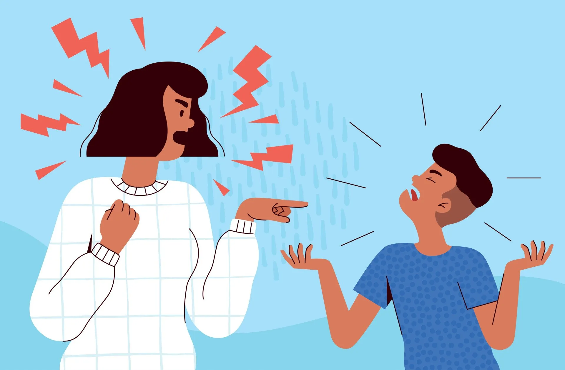 Иллюстрация женщины, которая кричит и указывает на своего кричащего ребенка.