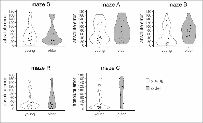 Рисунок 6. Распределение ошибок в задаче определения направления для каждого лабиринта и возрастной группы.