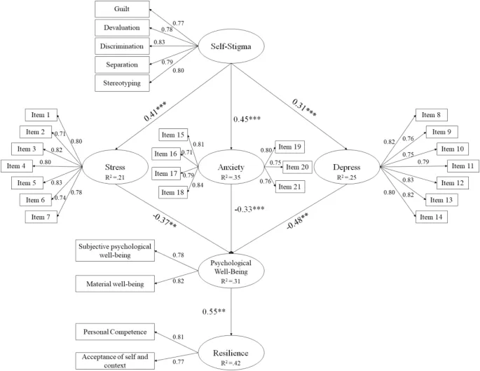 Рисунок 1: Структурная модель взаимосвязей между самостигматизацией, стрессом, тревогой, депрессией, психологическим благополучием и устойчивостью