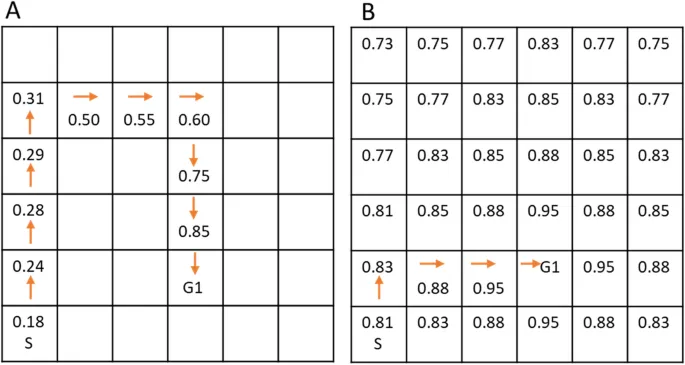 Фигура 2: Иллюстрация процессов обучения: модель-свободное обучение (следование по маршруту) и модель-основанное обучение (когнитивное картирование).