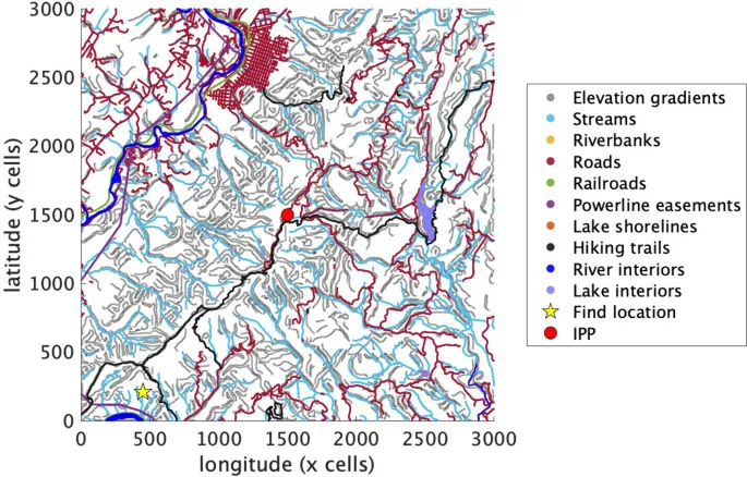 Рис. 1. Пример карты инцидента с линейными особенностями и недоступными областями