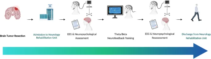 Рисунок 1: Обзор протокола нейрореабилитации, сочетающего персонализированный NF и моторные тренировки у пациентов после операции по поводу опухоли головного мозга