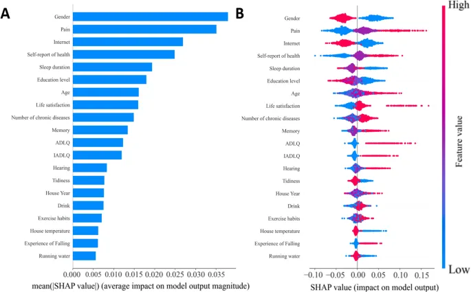 Рис. 7. SHAP-анализ модели Random Forest. A Глобальная важность признаков, ранжирующая признаки по их среднему абсолютному значению SHAP (среднее влияние на выход модели). B Распределения значений SHAP (сводный график), показывающие влияние значения каждого признака (цветовая кодировка) на индивидуальные прогнозы модели для положительного класса