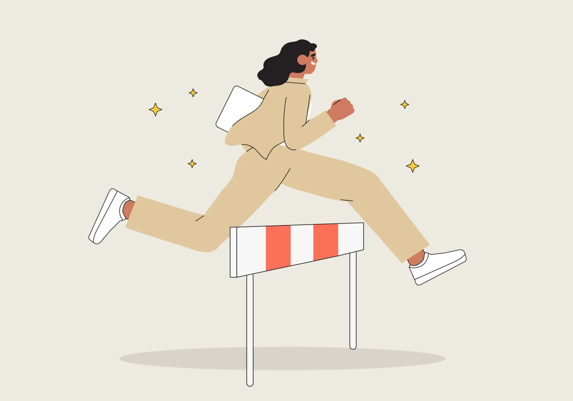 Иллюстрация человека, перепрыгивающего через барьер с улыбкой