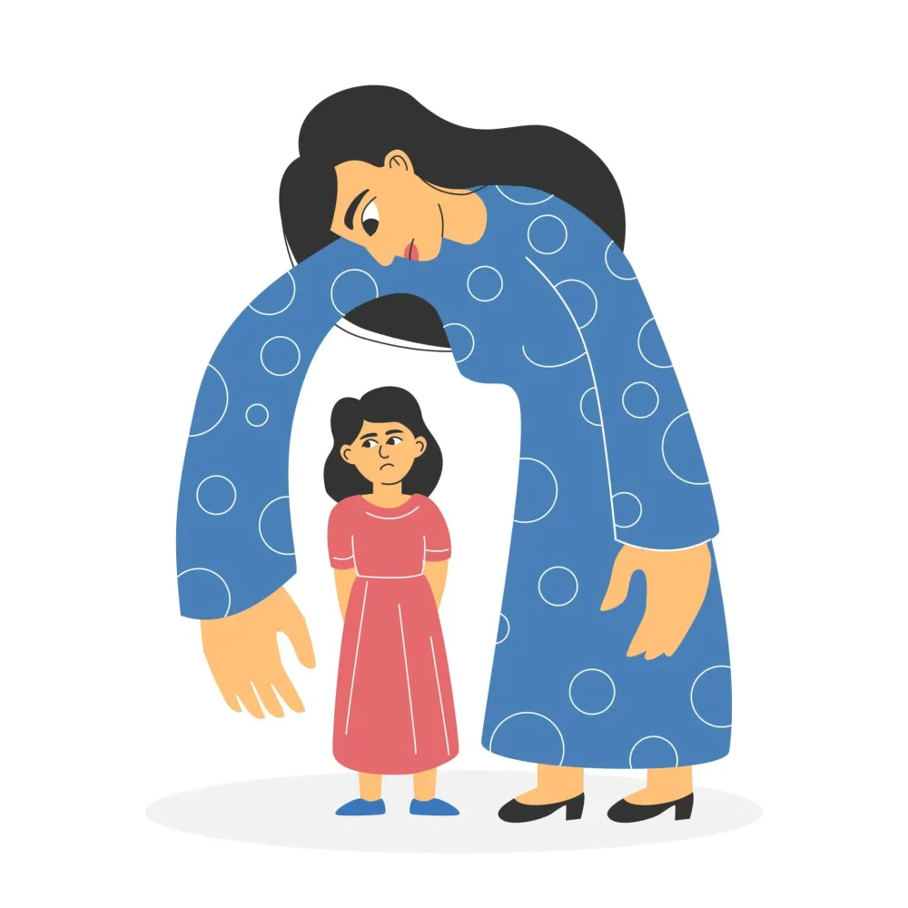 A cartoon of a sad young girl with her mother as a a large figure looming over her