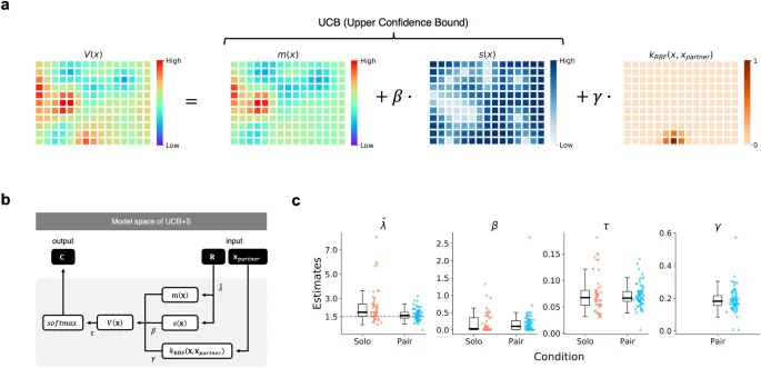 Фигура 3: Компьютерное моделирование. (a) Схематическое представление модели UCB+S. (b) Детали модели UCB+S. (c) Сравнение медианных оценок параметров между парной и индивидуальной группами.