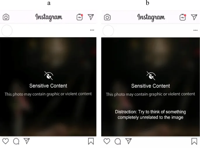 Рис. 4. Пример изображения NAPS, модифицированного для имитации изображений Instagram с наложением чувствительного контента и инструкцией не регулировать, и b инструкцией использовать отвлечение
