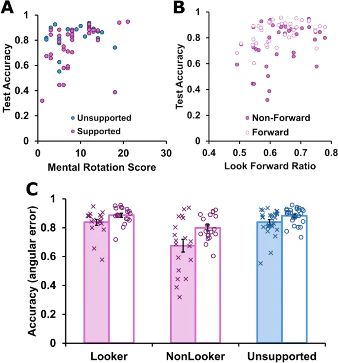Рисунок 5: Индивидуальные различия в пространственных способностях, взгляде и точности на этапе тестирования