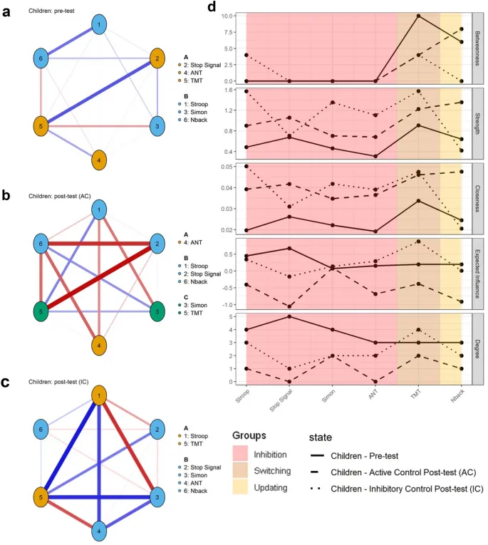 Рис. 2: Сетевая структура исполнительных функций у детей до и после тренировки.