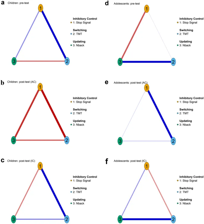Рис. 5: Сравнение сетевых структур детей и подростков после тренировок.