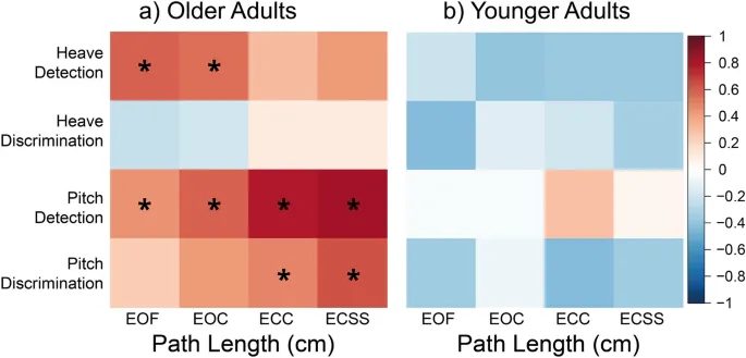 Рисунок 5: Корреляции между вестибулярными перцептивными порогами и постурографией