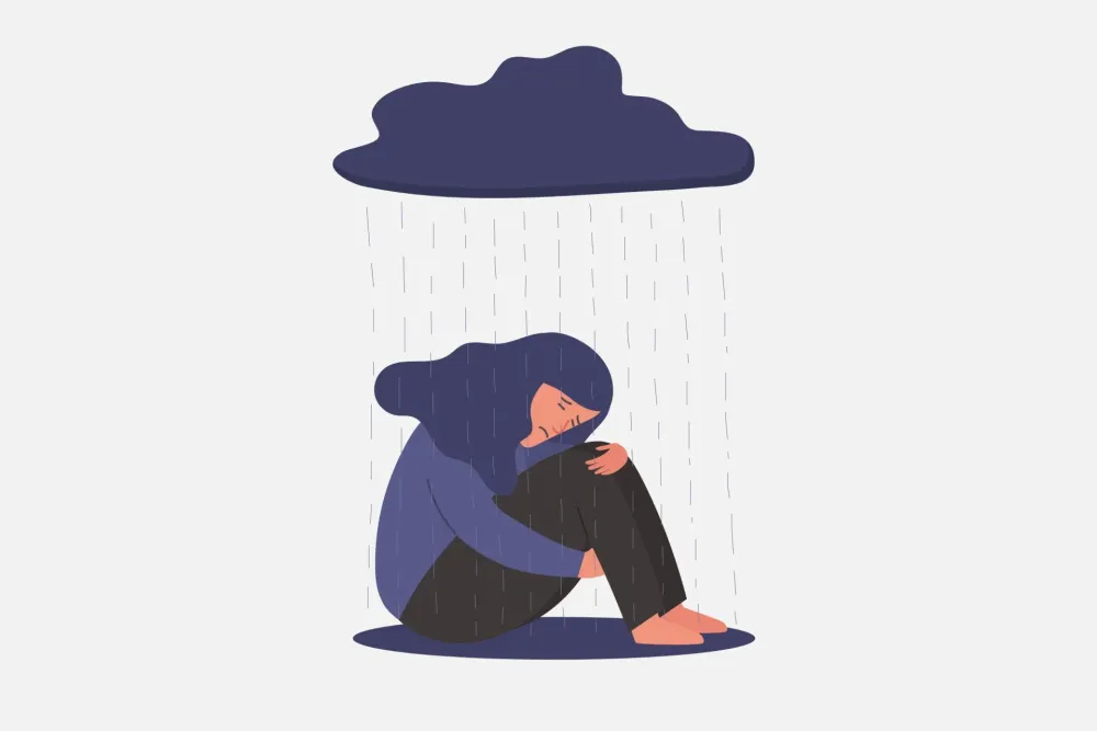 Иллюстрация: девочка в депрессии сидит на земле под дождём из грозовой тучи